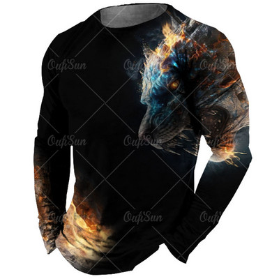 Vintage meeste pikkade varrukatega T-särk Loomade trükiga särgid Tiger Graphics T-särgid Puuvillased rõivad Varrukatega Topid Meeste Suured tänavarõivad