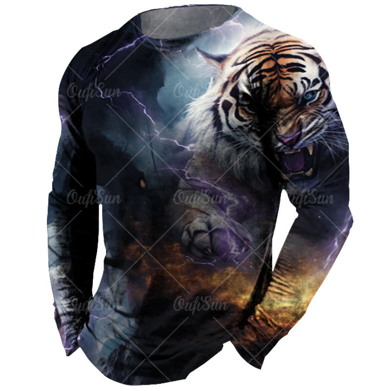 Vintage meeste pikkade varrukatega T-särk Loomade trükiga särgid Tiger Graphics T-särgid Puuvillased rõivad Varrukatega Topid Meeste Suured tänavarõivad