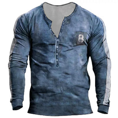 Ρετρό ανδρικό πουκάμισο Henley Tribal print T-shirts Βαμβακερά καθημερινά μακρυμάνικα μπλουζάκια με κουμπιά πουπουλένια Casual άνετα Tees Ανδρικά ρούχα