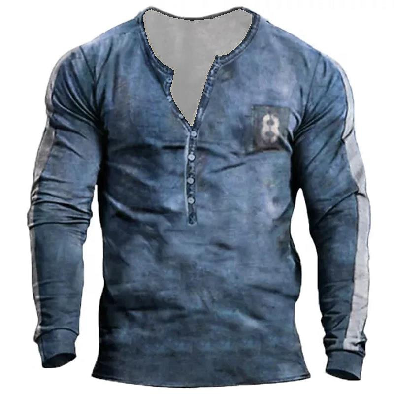 Ρετρό ανδρικό πουκάμισο Henley Tribal print T-shirts Βαμβακερά καθημερινά μακρυμάνικα μπλουζάκια με κουμπιά πουπουλένια Casual άνετα Tees Ανδρικά ρούχα