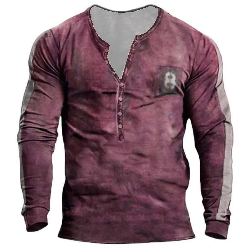 Ρετρό ανδρικό πουκάμισο Henley Tribal print T-shirts Βαμβακερά καθημερινά μακρυμάνικα μπλουζάκια με κουμπιά πουπουλένια Casual άνετα Tees Ανδρικά ρούχα