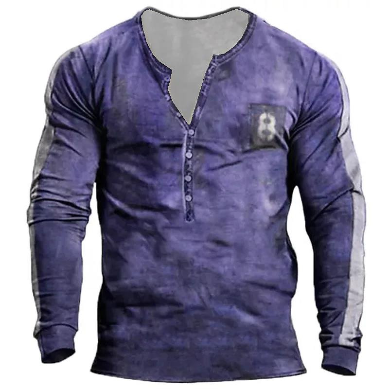 Ρετρό ανδρικό πουκάμισο Henley Tribal print T-shirts Βαμβακερά καθημερινά μακρυμάνικα μπλουζάκια με κουμπιά πουπουλένια Casual άνετα Tees Ανδρικά ρούχα