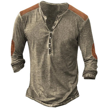 Ανδρικό μπλουζάκι με αντίθεση χρώματος με ρετρό ραφές Henley μακρυμάνικο μπλουζάκι για άντρες Άνοιξη φθινόπωρο, βαμβακερά χαλαρά μπλουζάκια casual Tees EU Size 5XL