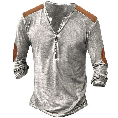 Tricou cu mânecă lungă Henley pentru bărbați, cu cusături retro, contrast de culoare, pentru bărbați, primăvară, toamnă, bumbac, topuri largi, tricouri casual, mărimea UE 5XL