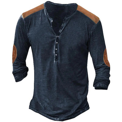 Ανδρικό μπλουζάκι με αντίθεση χρώματος με ρετρό ραφές Henley μακρυμάνικο μπλουζάκι για άντρες Άνοιξη φθινόπωρο, βαμβακερά χαλαρά μπλουζάκια casual Tees EU Size 5XL
