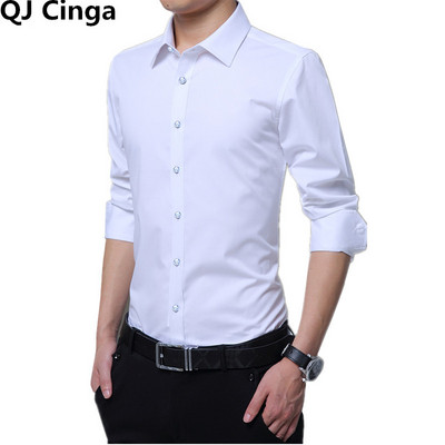 Fehér férfi hosszú ujjú ingek egysoros négyzetnyakú formális pamut ing Férfi divat, karcsú Camisa Chemise