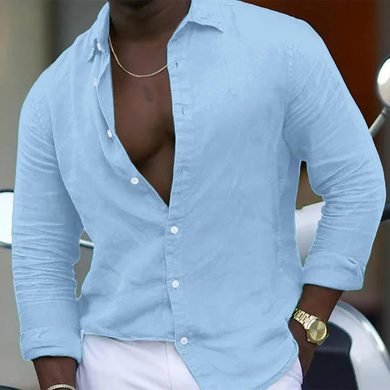 Moodne ühevärviline meeste särk Puuvillane linane avara nööpidega lahtikäiv krae pikkade varrukatega rannastiilis särgid riided meeste kardigan