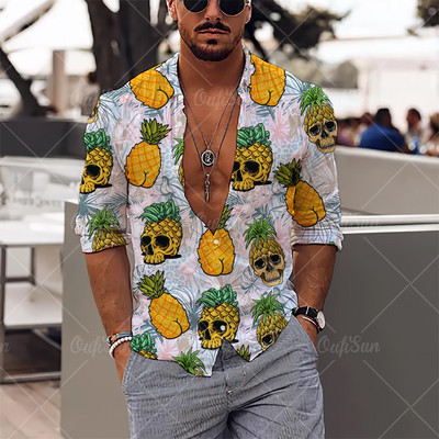 2022. Košulje s 3d printom lubanje Muške košulje dugih rukava Muška odjeća Jesenske košulje za muškarce Ležerna modna ulična odjeća Hip Pop Top na rever