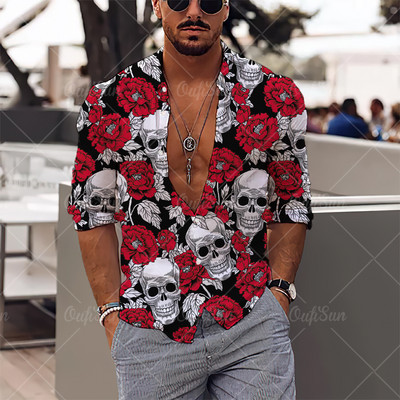 2022. Košulje s 3d printom lubanje Muške košulje dugih rukava Muška odjeća Jesenske košulje za muškarce Ležerna modna ulična odjeća Hip Pop Top na rever