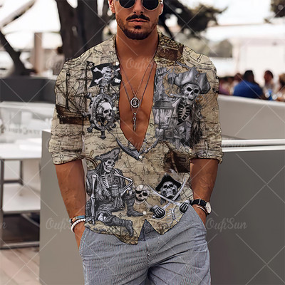 2022. Košulje s 3d printom lubanje Muške košulje dugih rukava Muška odjeća Jesenske košulje za muškarce Ležerna modna ulična odjeća Hip Pop Top na rever