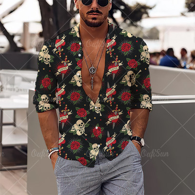 2022. Košulje s 3d printom lubanje Muške košulje dugih rukava Muška odjeća Jesenske košulje za muškarce Ležerna modna ulična odjeća Hip Pop Top na rever