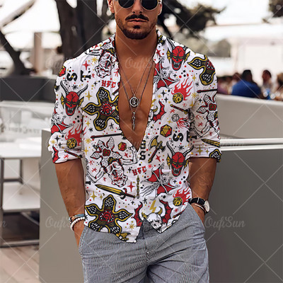 2022. Košulje s 3d printom lubanje Muške košulje dugih rukava Muška odjeća Jesenske košulje za muškarce Ležerna modna ulična odjeća Hip Pop Top na rever