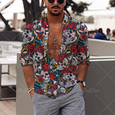 2022. Košulje s 3d printom lubanje Muške košulje dugih rukava Muška odjeća Jesenske košulje za muškarce Ležerna modna ulična odjeća Hip Pop Top na rever