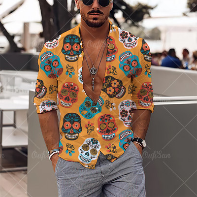 2022. Košulje s 3d printom lubanje Muške košulje dugih rukava Muška odjeća Jesenske košulje za muškarce Ležerna modna ulična odjeća Hip Pop Top na rever