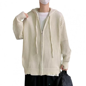 Мъжки пуловер с дълъг ръкав и затваряне с цип, плътен цвят, издълбан дизайн, супер мек декоративен полиестерен мъжки пуловер с качулка