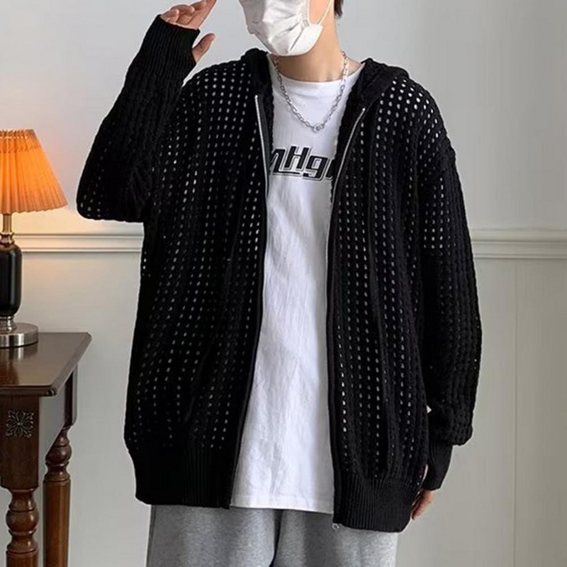 Ανδρικό πουλόβερ με μακρυμάνικο κλείσιμο με φερμουάρ μονόχρωμο σχέδιο με κούφια σούπερ μαλακό διακοσμητικό ανδρικό πουλόβερ με κουκούλα