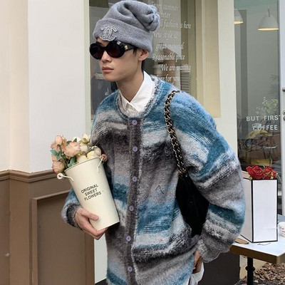 Retro prugasti pleteni pulover kontrastne boje Pulover za par Kardigan Ležerni trend okrugli izrez Lazy Wind Opušteni muški kaput