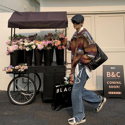 Retro prugasti pleteni pulover kontrastne boje Pulover za par Kardigan Ležerni trend okrugli izrez Lazy Wind Opušteni muški kaput