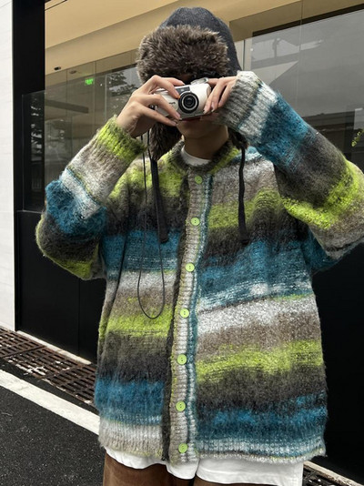 Retro prugasti pleteni pulover kontrastne boje Pulover za par Kardigan Ležerni trend okrugli izrez Lazy Wind Opušteni muški kaput
