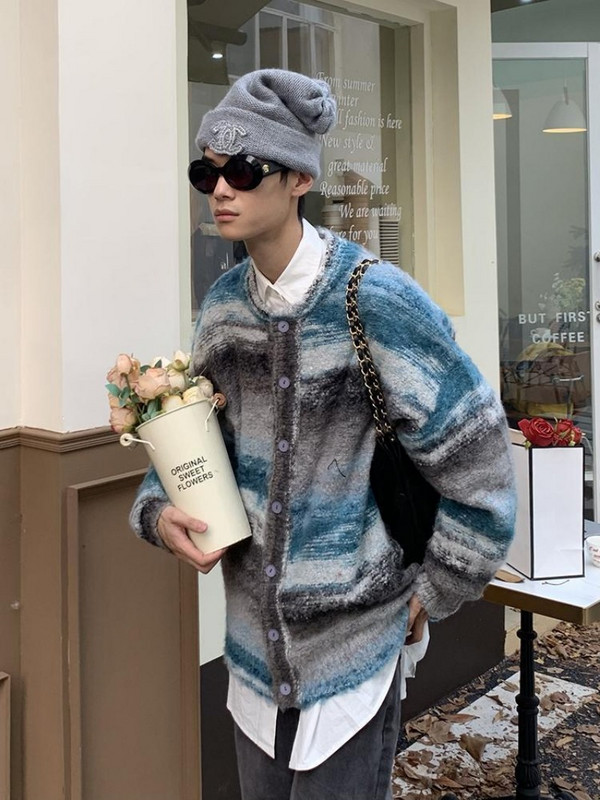 Retro prugasti pleteni pulover kontrastne boje Pulover za par Kardigan Ležerni trend okrugli izrez Lazy Wind Opušteni muški kaput