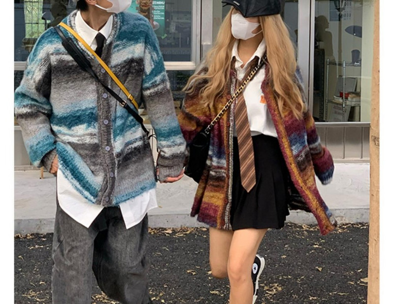 Retro prugasti pleteni pulover kontrastne boje Pulover za par Kardigan Ležerni trend okrugli izrez Lazy Wind Opušteni muški kaput