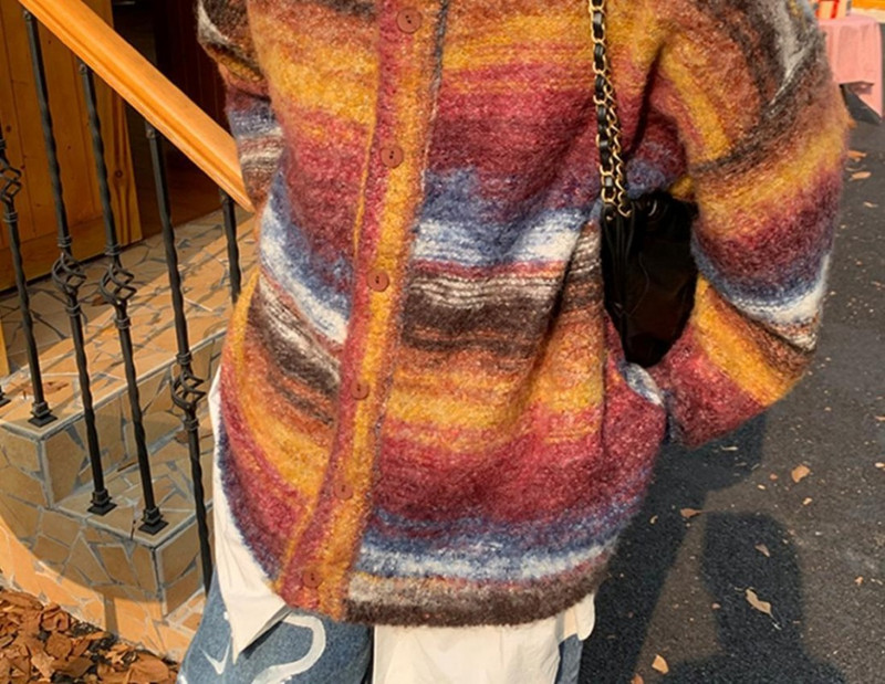 Retro prugasti pleteni pulover kontrastne boje Pulover za par Kardigan Ležerni trend okrugli izrez Lazy Wind Opušteni muški kaput