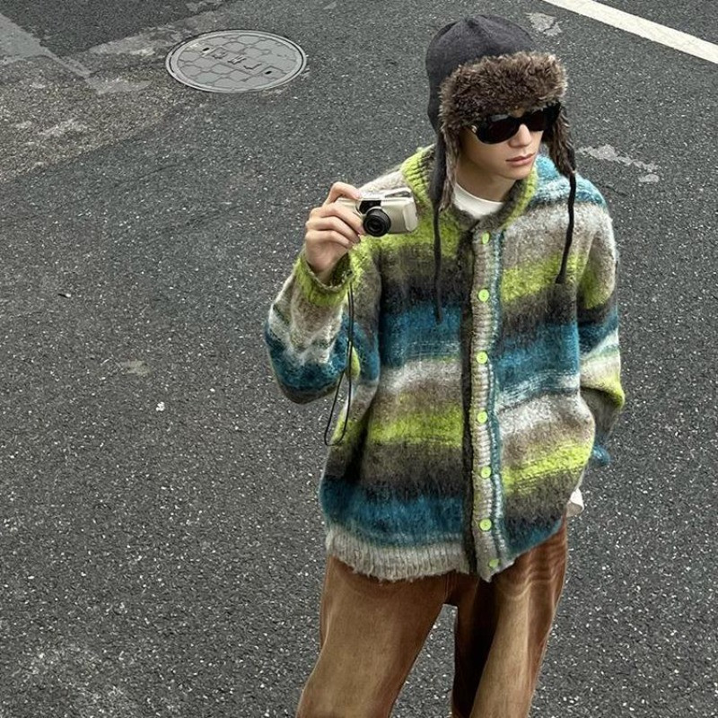 Retro prugasti pleteni pulover kontrastne boje Pulover za par Kardigan Ležerni trend okrugli izrez Lazy Wind Opušteni muški kaput