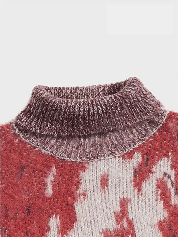 Χειμερινό γυναικείο πουλόβερ ρετρό ζεστό πλεκτό γυναικείο πουλόβερ λεοπάρ με βάση τα ζώα, λευκό με ψηλό λαιμό μεγάλο μανίκι ρούχο Y2K.