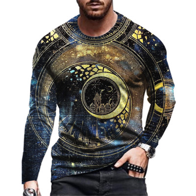 Vintgae Starry Sky Moon Print Suvine Ümarkaelusega meeste T-särk vabaaja pikkade varrukatega ülisuure T-särk Moodne pullover Meeste rõivad
