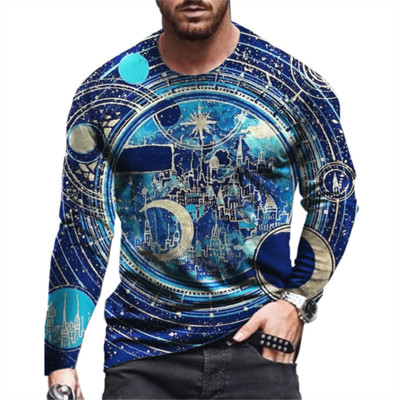 Vintgae Starry Sky Moon Print Suvine Ümarkaelusega meeste T-särk vabaaja pikkade varrukatega ülisuure T-särk Moodne pullover Meeste rõivad