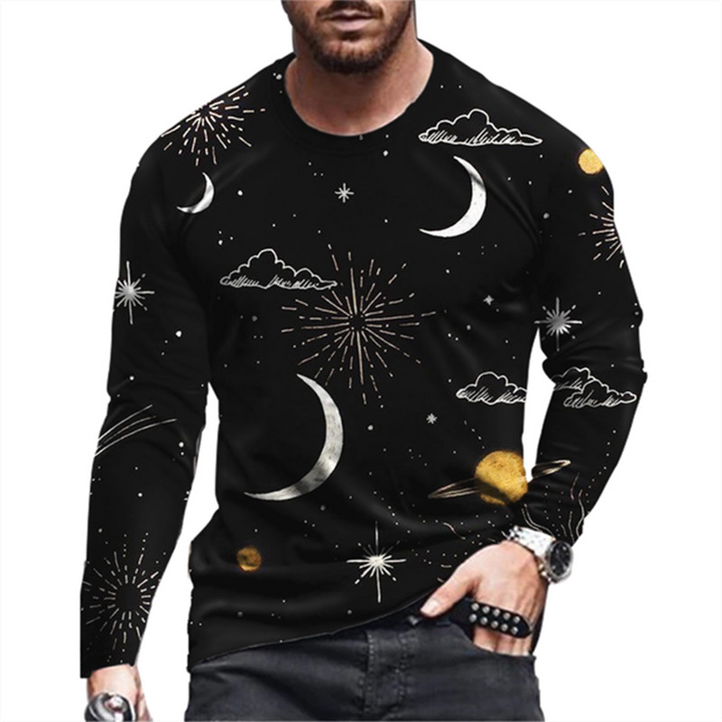 Vintgae Starry Sky Moon Print Suvine Ümarkaelusega meeste T-särk vabaaja pikkade varrukatega ülisuure T-särk Moodne pullover Meeste rõivad