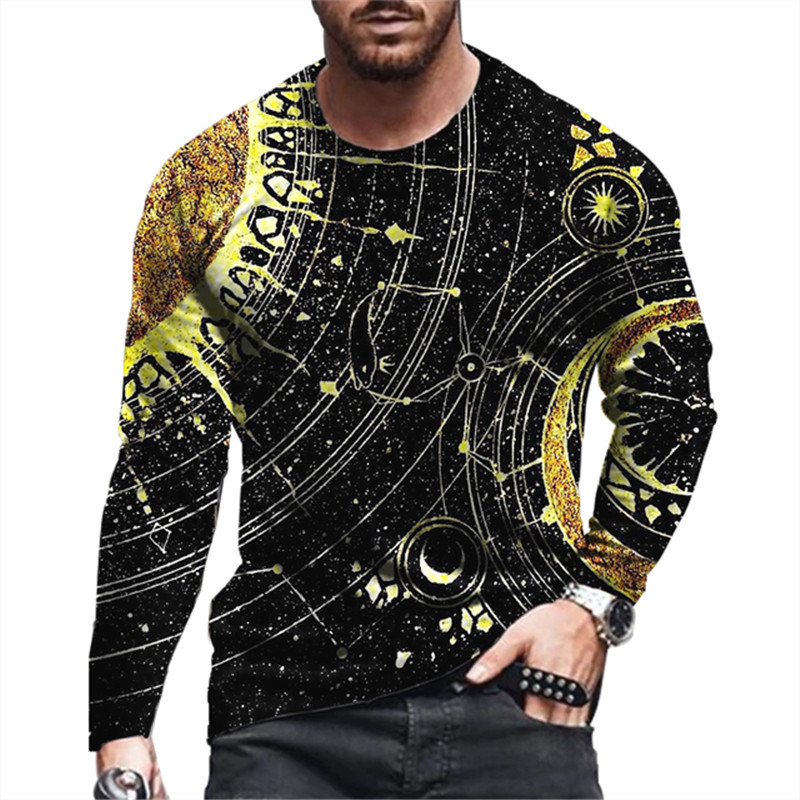 Vintgae Starry Sky Moon Print Suvine Ümarkaelusega meeste T-särk vabaaja pikkade varrukatega ülisuure T-särk Moodne pullover Meeste rõivad