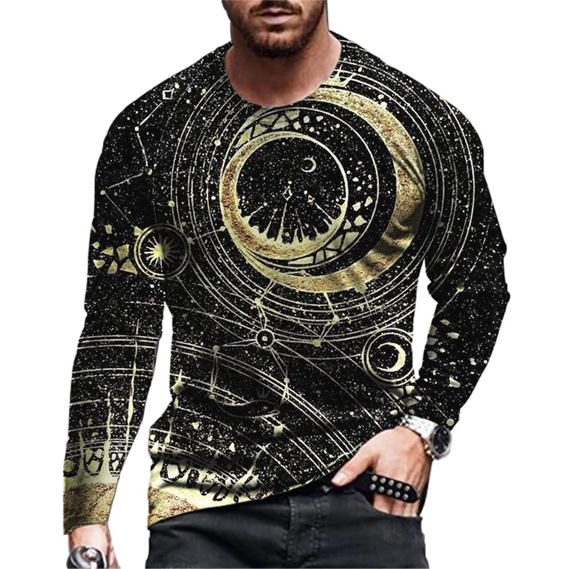 Vintgae Starry Sky Moon Print Suvine Ümarkaelusega meeste T-särk vabaaja pikkade varrukatega ülisuure T-särk Moodne pullover Meeste rõivad