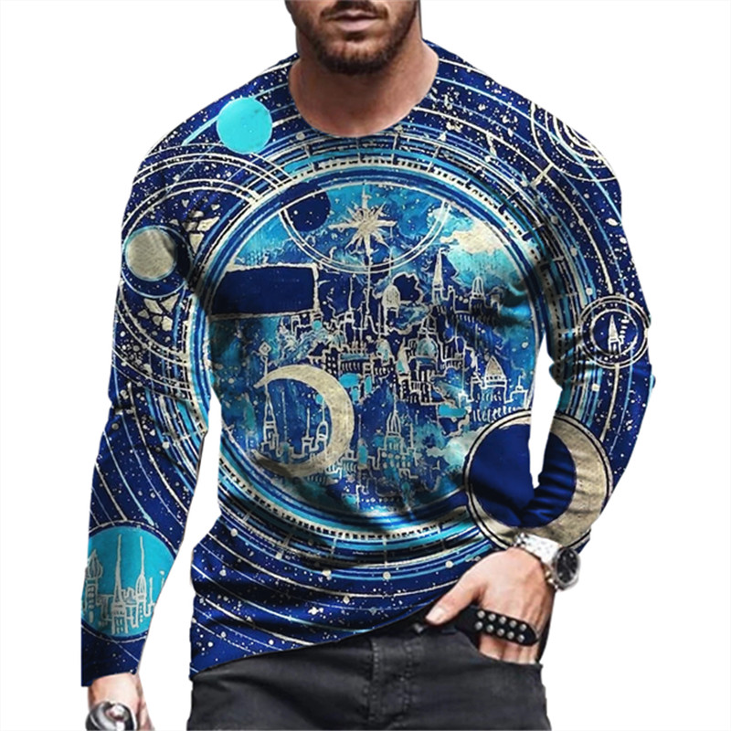 Vintgae Starry Sky Moon Print Suvine Ümarkaelusega meeste T-särk vabaaja pikkade varrukatega ülisuure T-särk Moodne pullover Meeste rõivad