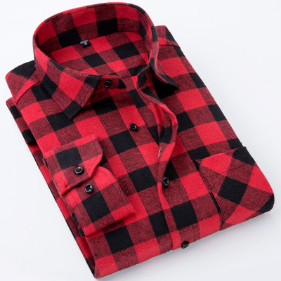 Ανδρικό άνετο μαλακό μακρυμάνικο πουκάμισο Gingham με μονό μπάλωμα καρό πουκάμισο με μονό μανίκι