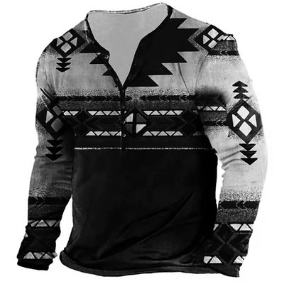 Ανδρικά μακρυμάνικα μπλουζάκια Vinatge Color Block 3D Print Ανοιξιάτικα μπλουζάκια με κουμπιά από βαμβακερό άνοιξη - Φαρδιά μπλουζάκια Casual Tees Υπερμεγέθη μπλουζάκια 5XL