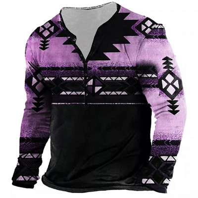 Ανδρικά μακρυμάνικα μπλουζάκια Vinatge Color Block 3D Print Ανοιξιάτικα μπλουζάκια με κουμπιά από βαμβακερό άνοιξη - Φαρδιά μπλουζάκια Casual Tees Υπερμεγέθη μπλουζάκια 5XL