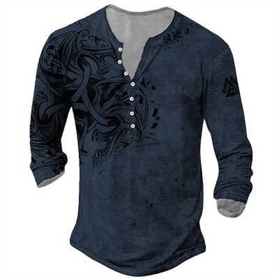 Lihtsad T-särgid Mees Henley Graafiline Suure V-kaelusega Star Eagle Street vabaaja pikkade varrukatega nööp Puuvillane Trükk Riietus Kevad