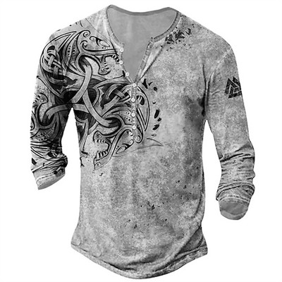 Lihtsad T-särgid Mees Henley Graafiline Suure V-kaelusega Star Eagle Street vabaaja pikkade varrukatega nööp Puuvillane Trükk Riietus Kevad