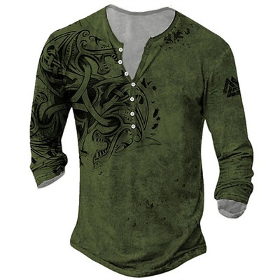 Lihtsad T-särgid Mees Henley Graafiline Suure V-kaelusega Star Eagle Street vabaaja pikkade varrukatega nööp Puuvillane Trükk Riietus Kevad