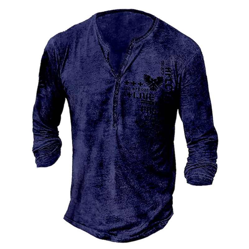 Lihtsad T-särgid Mees Henley Graafiline Suure V-kaelusega Star Eagle Street vabaaja pikkade varrukatega nööp Puuvillane Trükk Riietus Kevad