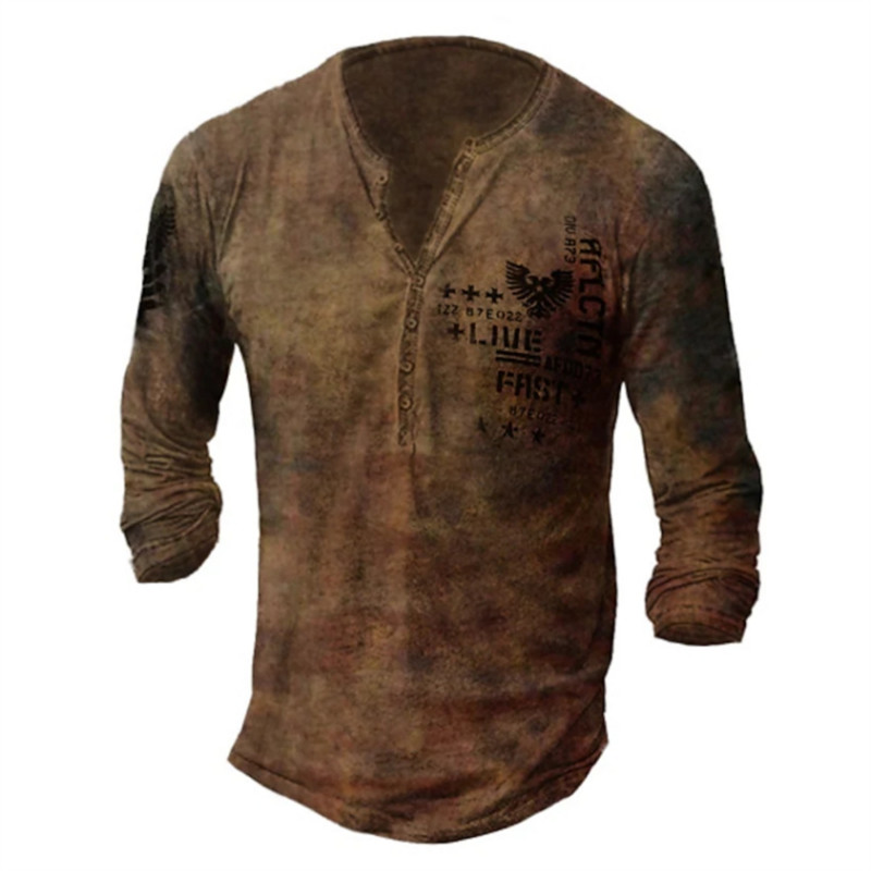 Lihtsad T-särgid Mees Henley Graafiline Suure V-kaelusega Star Eagle Street vabaaja pikkade varrukatega nööp Puuvillane Trükk Riietus Kevad