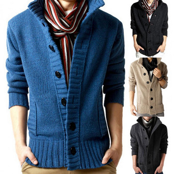 Шикозна плетена жилетка с рипсени маншети и дълъг ръкав, удобна удебелена топла мъжка жилетка с пуловер