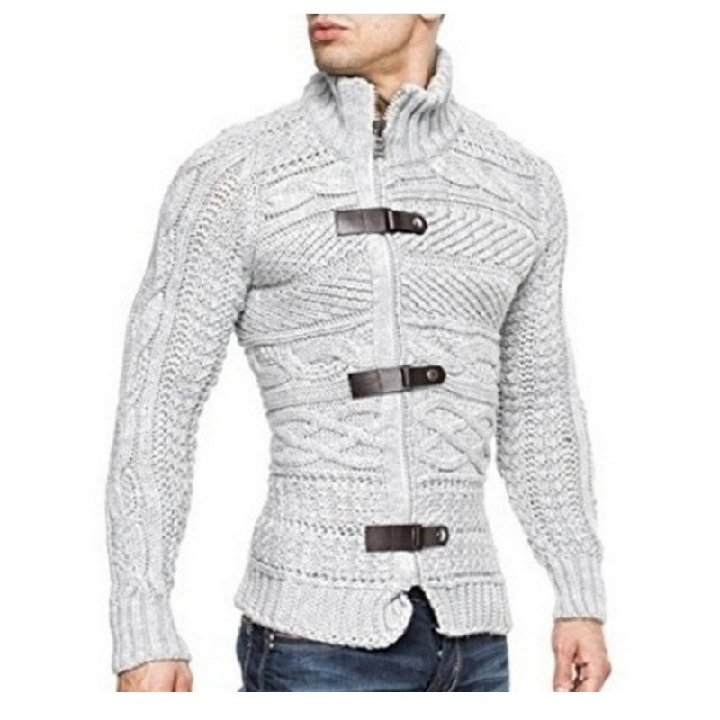 Muške pletene majice dugih rukava s visokim ovratnikom i 3 kožne kopče za jesen i zimu Novi uski muški kardigan sa patentnim zatvaračem