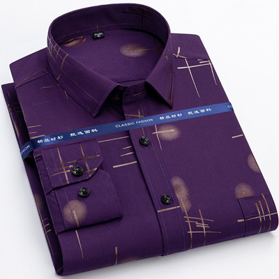 Uus Print särgid meestele pikkade varrukatega sügis Kortsudevastane Mitte triikimine Casual mees Äri Sotsiaalne Regulaarsus Meeste riided 6XL 4XL