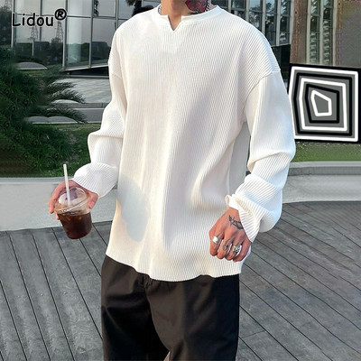 Neregularne vruće rasprodane majice s navojnim navojem za slobodno vrijeme, O-izrez, crno-bijela divlja muška odjeća dugih rukava, široka četiri godišnja doba