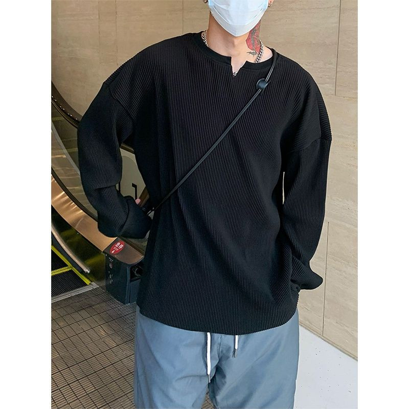 Neregularne vruće rasprodane majice s navojnim navojem za slobodno vrijeme, O-izrez, crno-bijela divlja muška odjeća dugih rukava, široka četiri godišnja doba