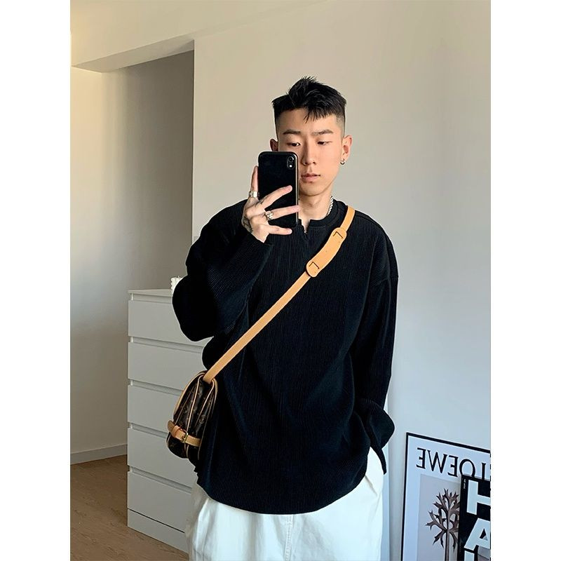 Neregularne vruće rasprodane majice s navojnim navojem za slobodno vrijeme, O-izrez, crno-bijela divlja muška odjeća dugih rukava, široka četiri godišnja doba