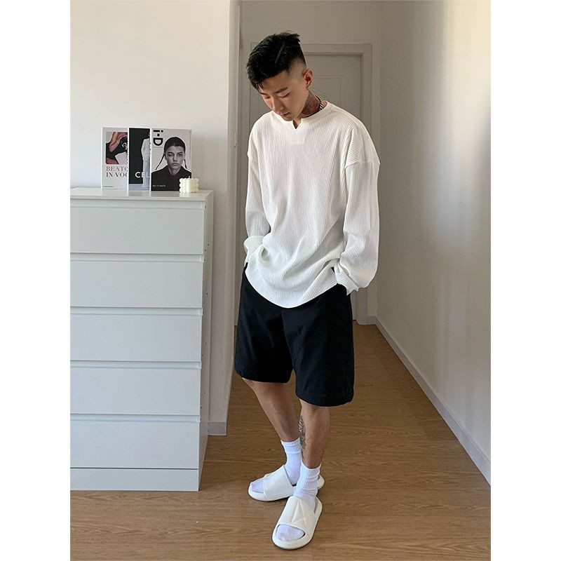 Neregularne vruće rasprodane majice s navojnim navojem za slobodno vrijeme, O-izrez, crno-bijela divlja muška odjeća dugih rukava, široka četiri godišnja doba