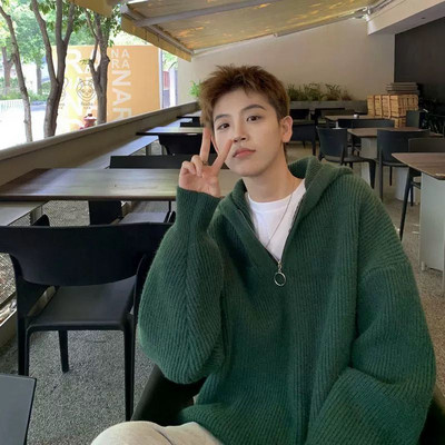 Pulover cu glugă cu jumătate de fermoar pentru bărbați Pulover largi de iarnă Pulover tricotat pentru bărbați de culoare uni